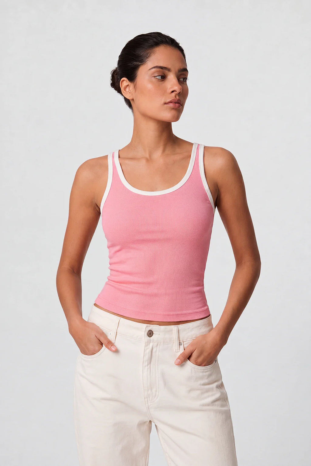 Contrast Rib Tank Top - Pastel Pink