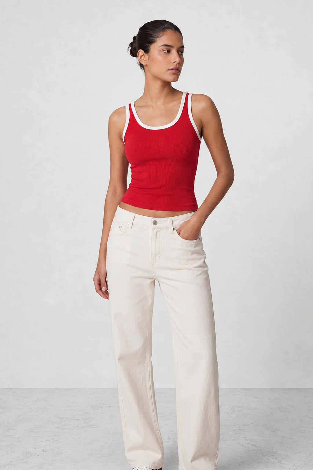 Contrast Rib Tank Top - Red
