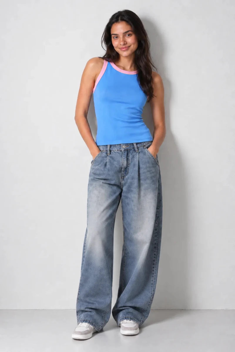 Contrast Rib Tank Top - Blue - Savys Retail -
