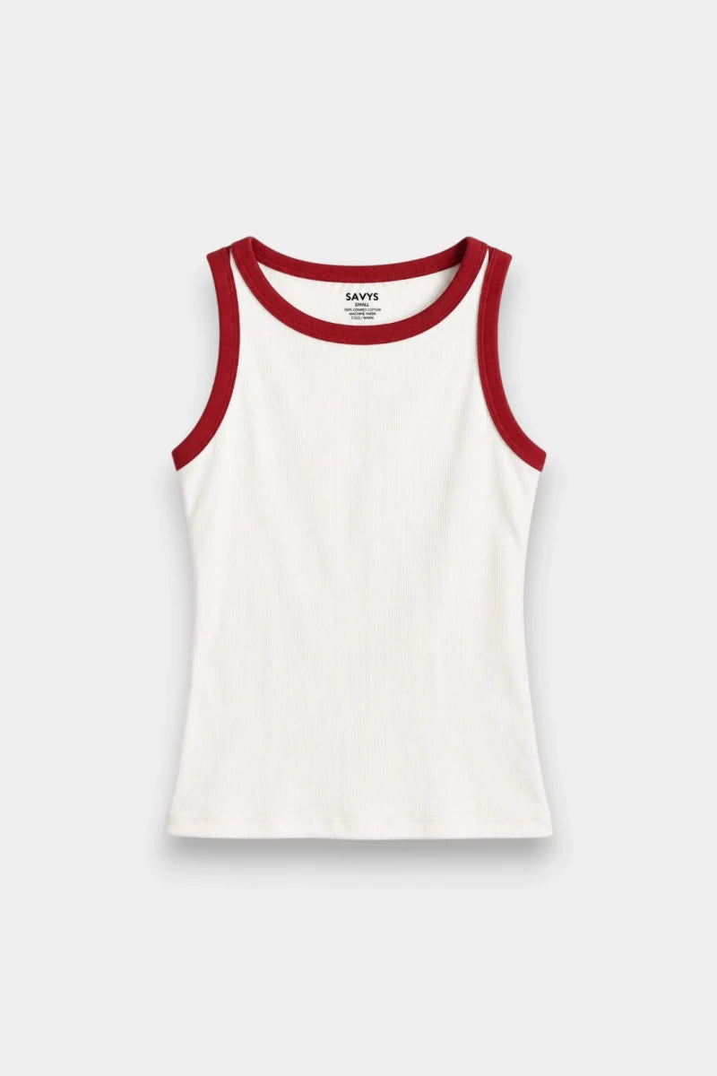 Contrast Rib Tank Top - Cream&Red - Savys Retail -
