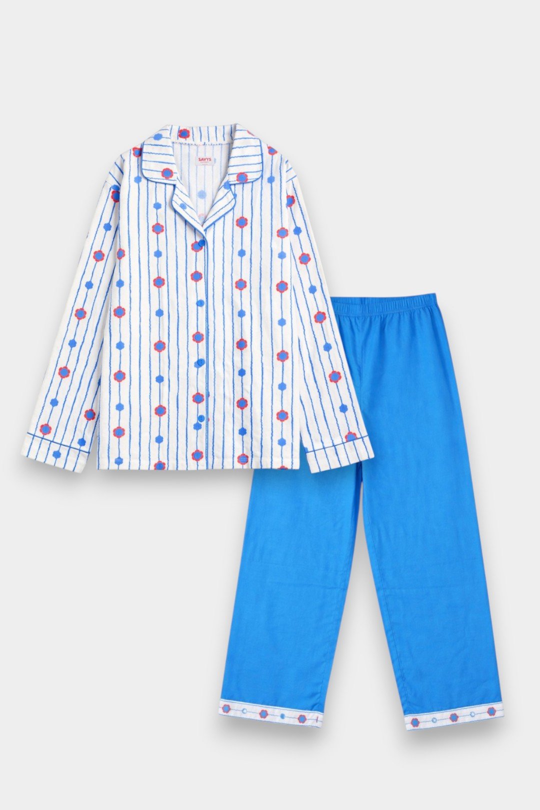 Women Cotton Sleepwear Set – Blue Blossom Stripe - Savys Retail - 