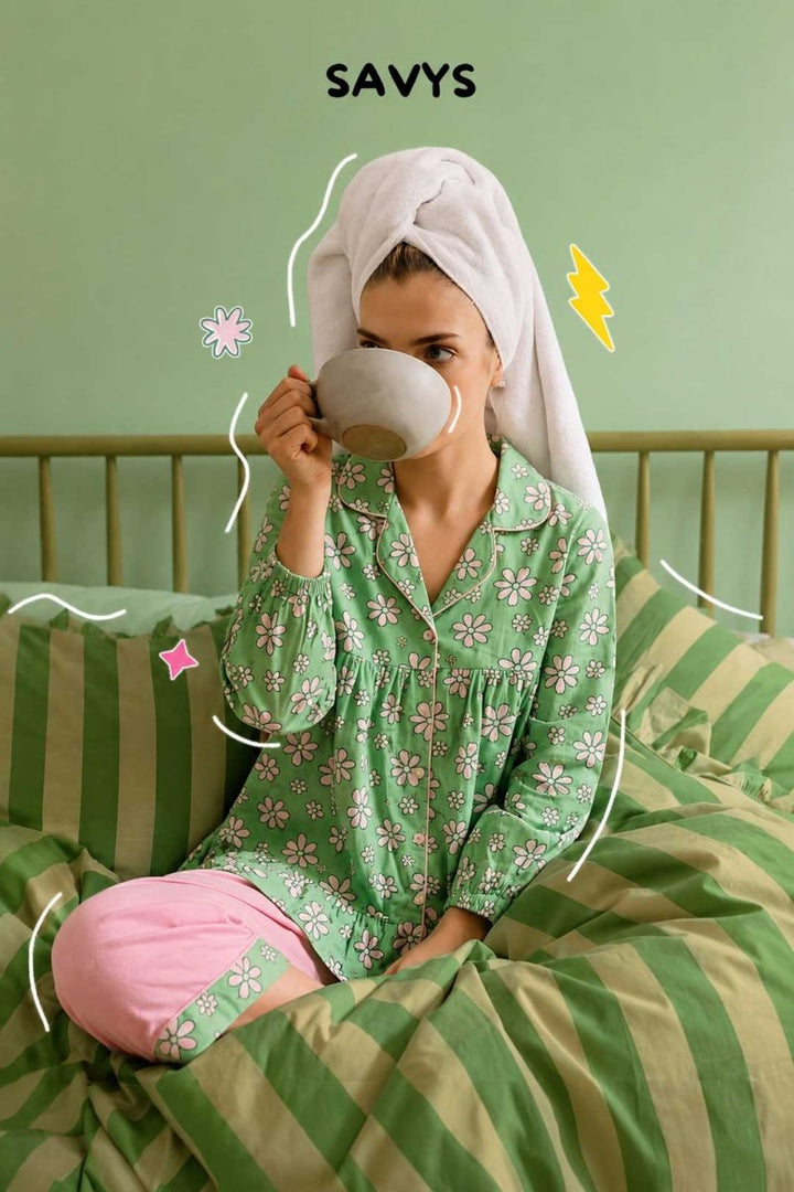 Women Cotton Sleepwear Set – Mint Blossom - Savys Retail -