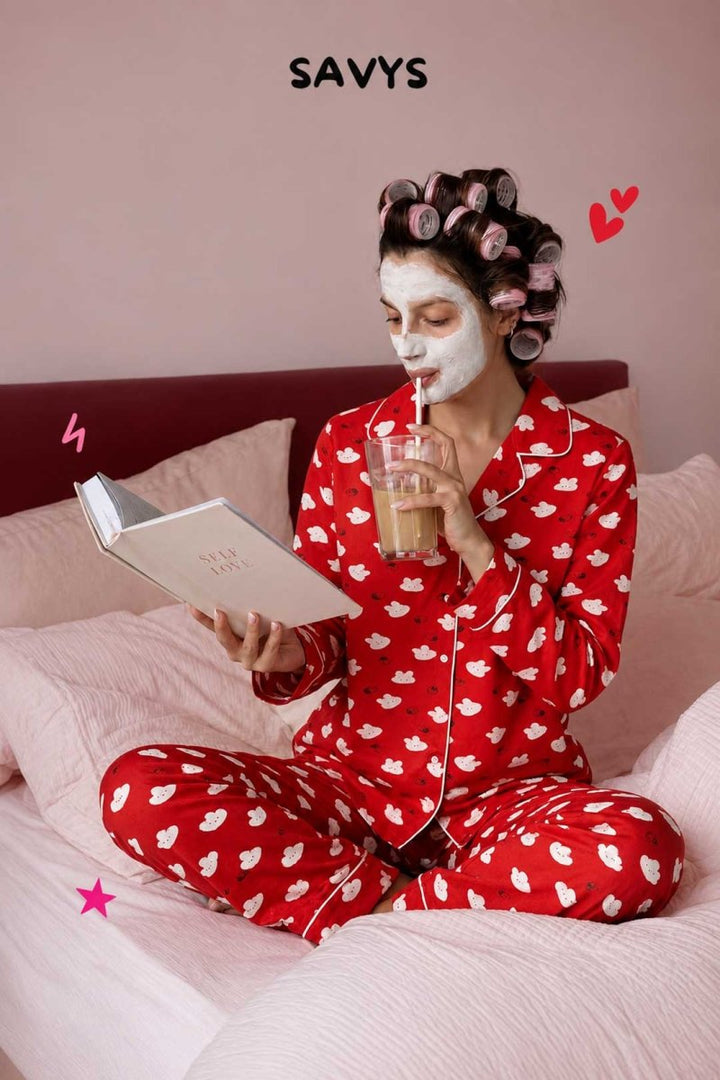 Women Cotton Sleepwear Set – Strawberry Bunny Red - Savys Retail -