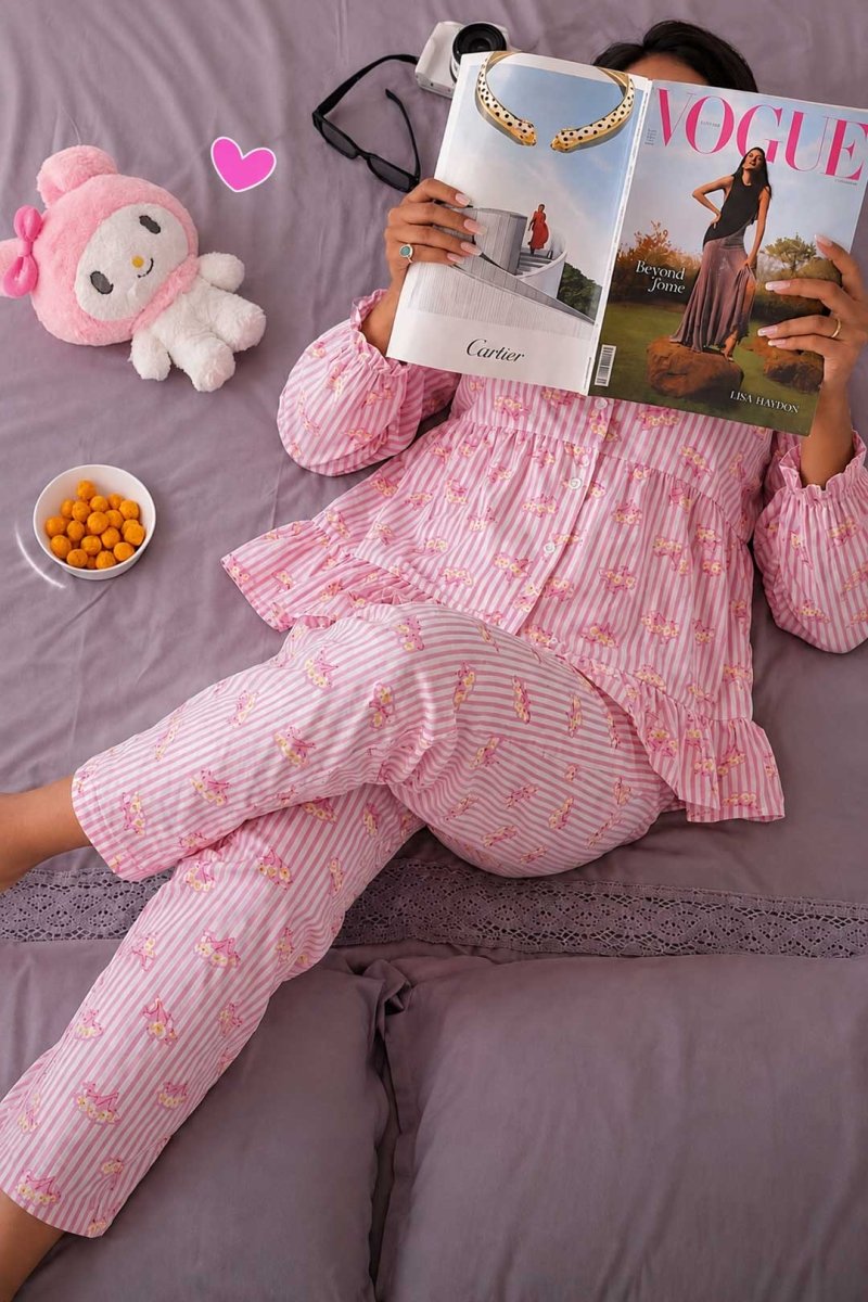 Women Silky Sleepwear Set – Blush Petal Stripe - Savys Retail -